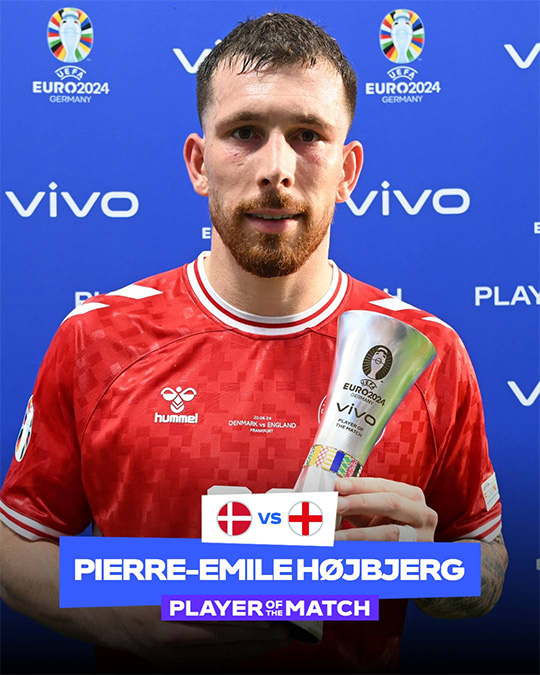 Hojbjerg nhận danh hiệu “Cầu thủ xuất sắc nhất” trong trận đấu giữa Đan Mạch và Anh. Ảnh: EURO 2024