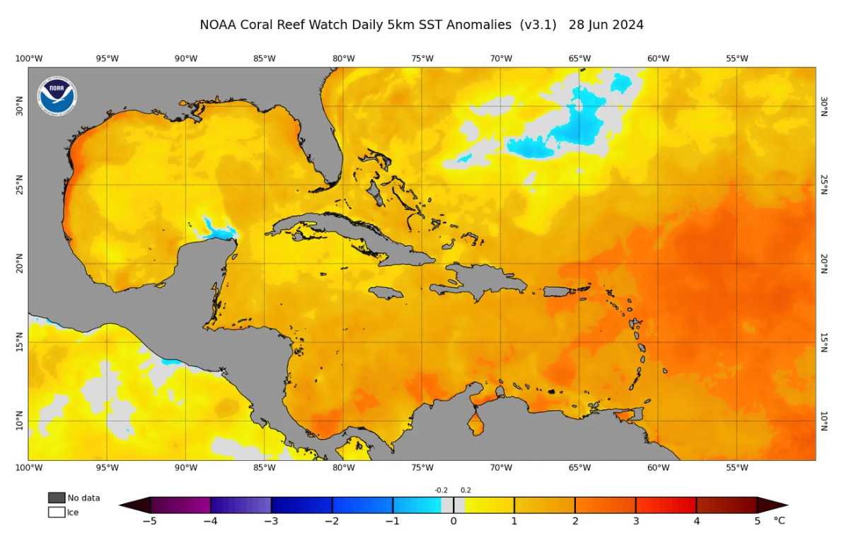 Nhiệt độ đại dương ấm kỷ lục vào ngày 28.6.2024. Ảnh: NOAA