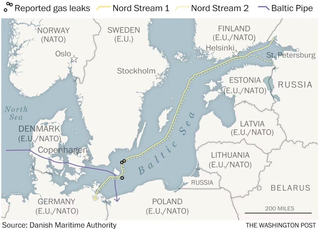 Bản đồ đường ống Nord Stream, Nord Stream 2 và đường ống Baltic. Ảnh chụp màn hình Washington Post 