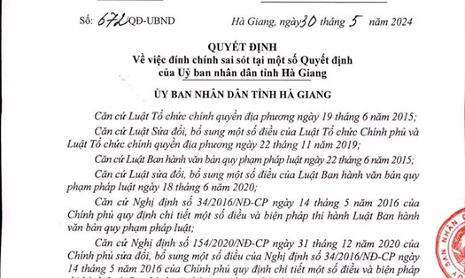 Quyết định đính chính sai sót của UBND tỉnh Hà Giang. Ảnh: Chụp từ văn bản