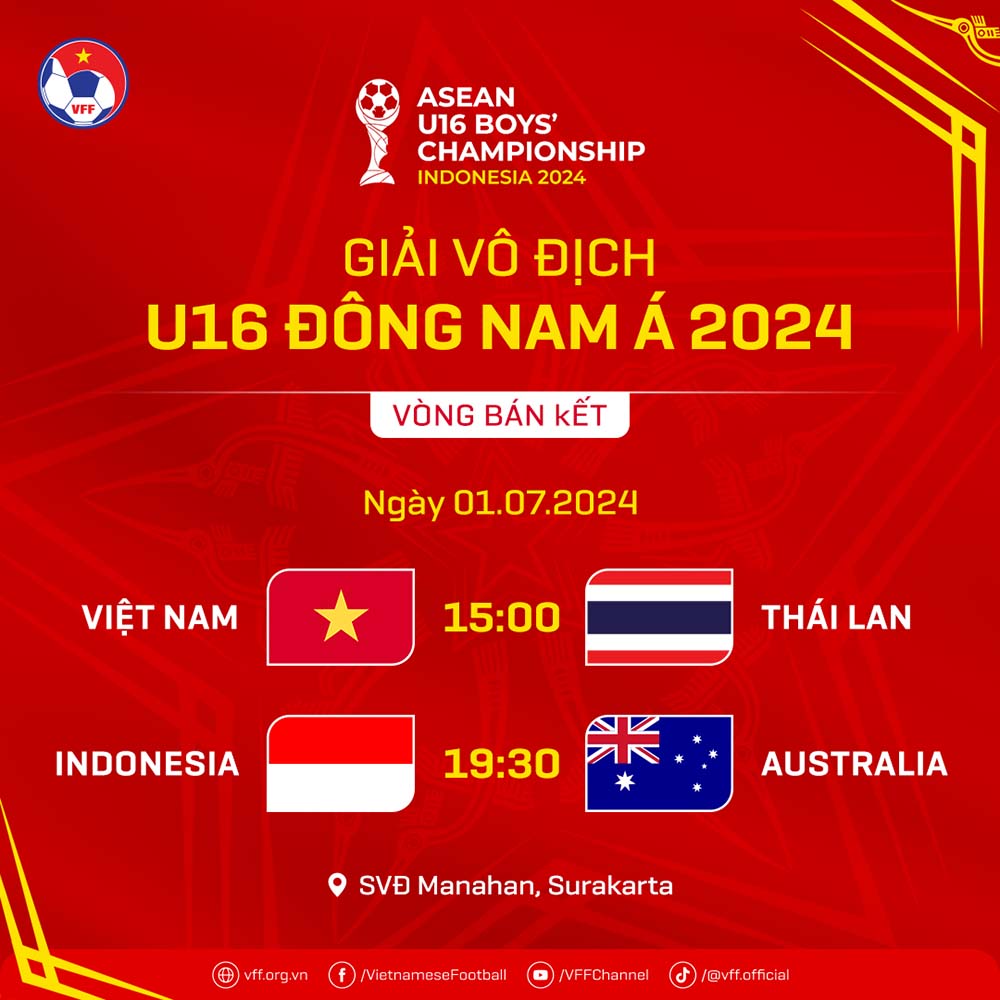 Lịch thi đấu bán kết U16 Đông Nam Á 2024. Ảnh: VFF