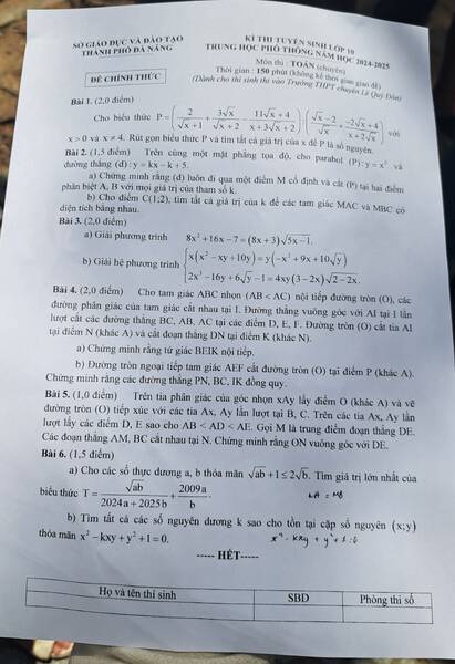 Đề thi môn Toán vào trường chuyên Lê Quý Đôn (TP Đà Nẵng). Ảnh: Nguyễn Linh