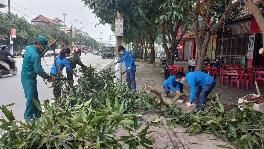 Dọn dẹp cây xanh làm đẹp đường phố. Ảnh: Thu Thanh