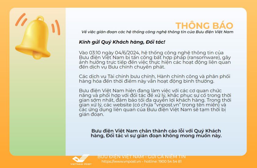 Thông báo ngày 5.6 của Vietnam Post về việc bị tấn công bằng mã độc tống tiền. Ảnh: Cẩm Hà