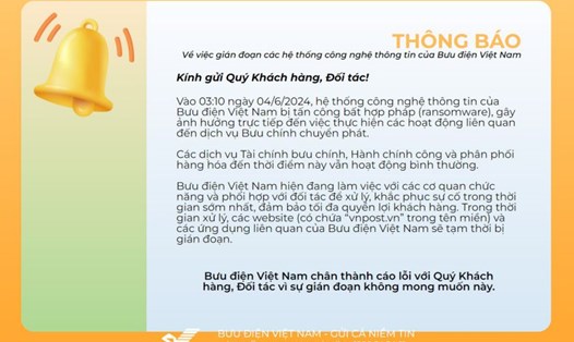 Thông báo ngày 5.6 của Vietnam Post về việc bị tấn công bằng mã độc tống tiền. Ảnh: Cẩm Hà