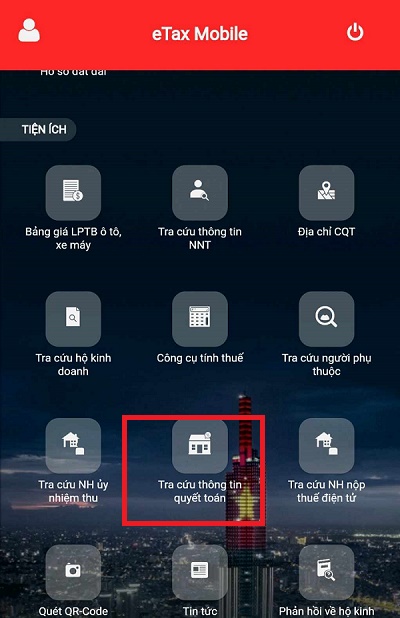Chọn mục “Tiện ích” để tra cứu thông tin quyết toán thuế. Ảnh chụp màn hình