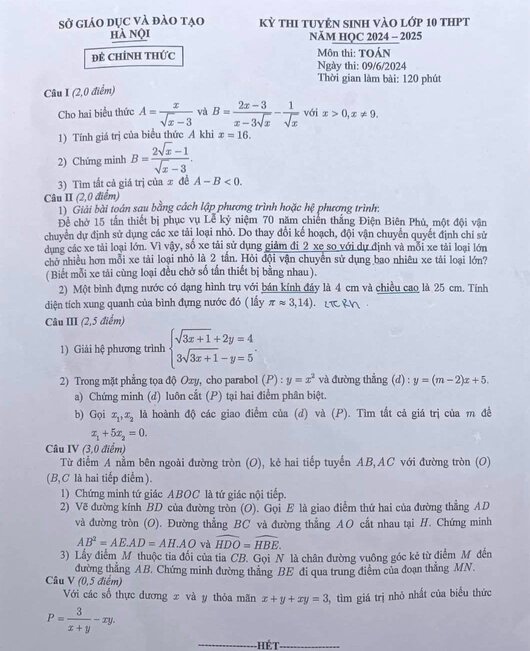 Đề thi môn Toán vào lớp 10 năm học 2024. 