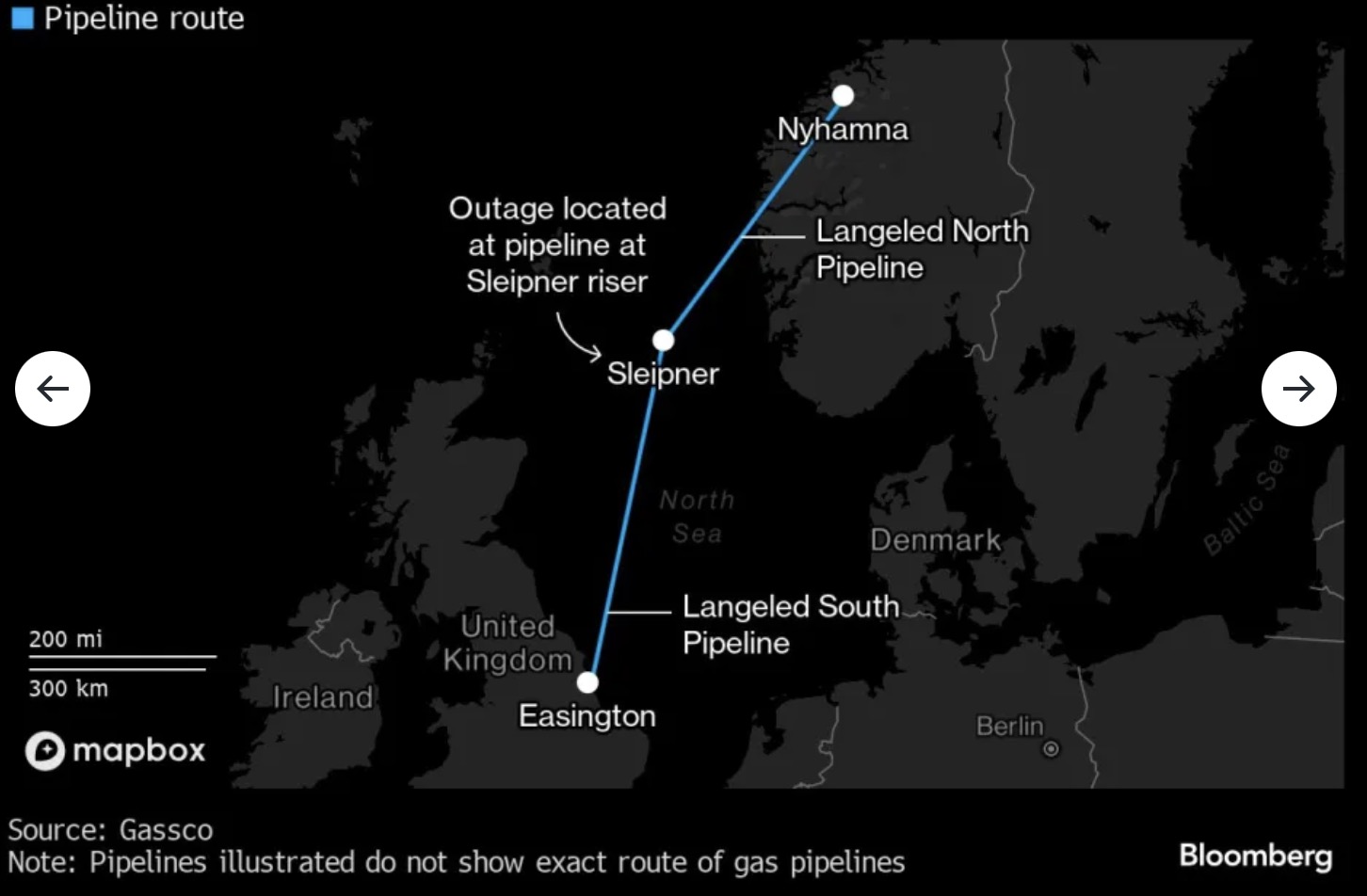 Vị trí nhà giàn Sleipner và các đường ống dẫn khí liên quan. Ảnh chụp màn hình Bloomberg
