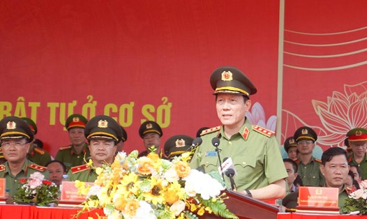 Thượng tướng Lương Tam Quang - Bộ trưởng Bộ Công an phát biểu tại lễ ra mắt lực lượng tham gia bảo vệ an ninh trật tự ở cơ sở. Ảnh: Quang Đại. 