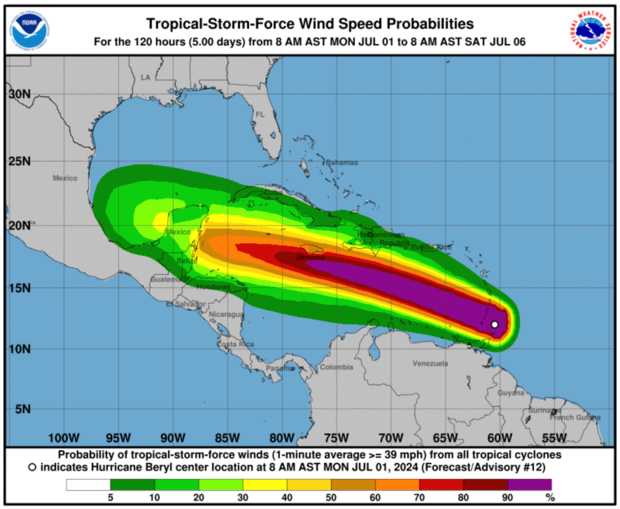 Dự báo đường đi và cường độ bão Beryl. Ảnh: NOAA