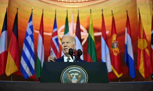 Tổng thống Mỹ Joe Biden đã công bố “khoản hỗ trợ lịch sử” của NATO cho Ukraina trong hội nghị thượng đỉnh ở Washington, DC ngày 10.7. Ảnh: AFP