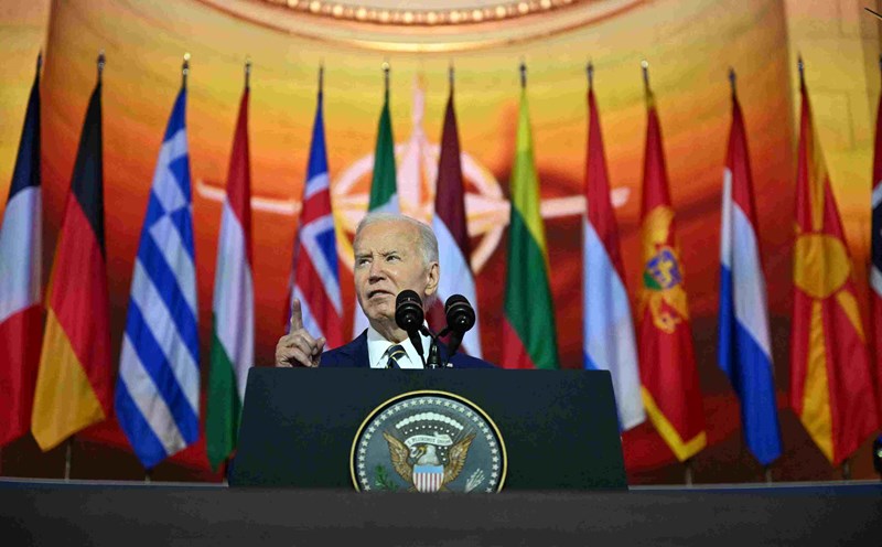Tổng thống Mỹ Joe Biden đã công bố “khoản hỗ trợ lịch sử” của NATO cho Ukraina trong hội nghị thượng đỉnh ở Washington, DC ngày 10.7. Ảnh: AFP