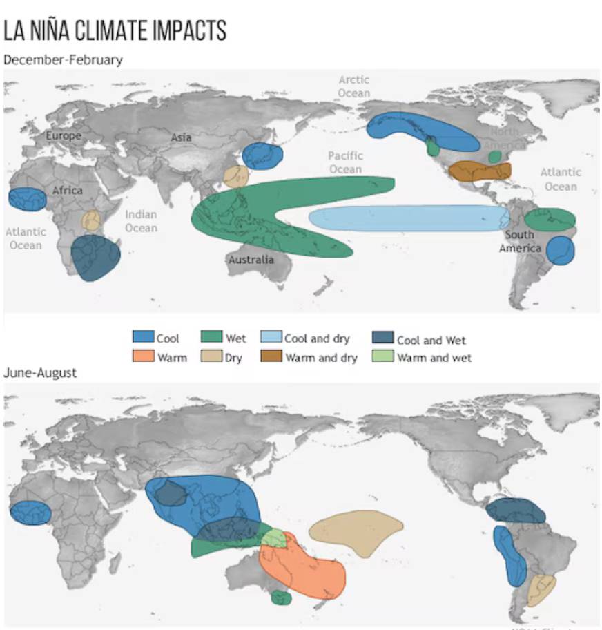 Ảnh hưởng khí hậu của La Nina. Ảnh: NOAA