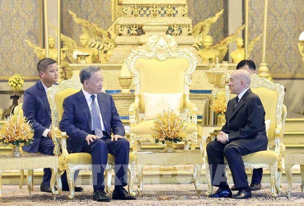 Chủ tịch nước Tô Lâm hội kiến Quốc vương Campuchia Norodom Sihamoni. Ảnh: TTXVN