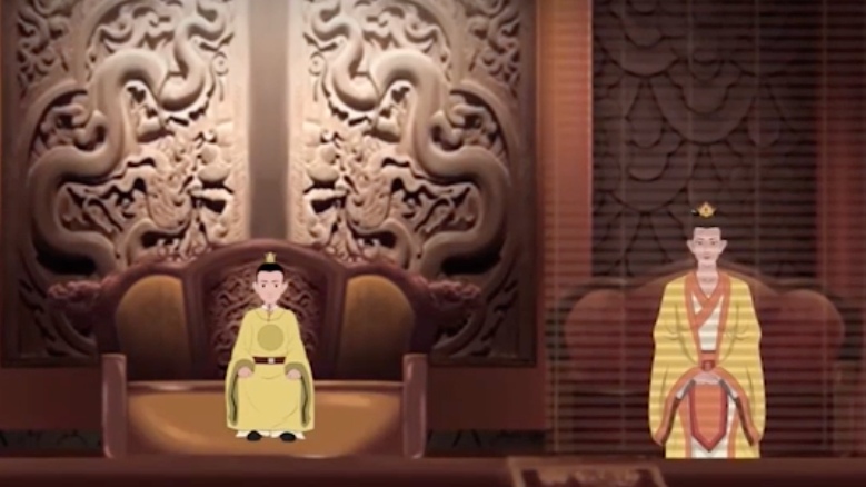 Cảnh phim "Khát vọng non sông", Thái hậu Nguyễn Thị Anh buông rèm nhiếp chính do vua Lê Nhân Tông - em của Vệ Quốc Trưởng công chúa - còn nhỏ. Ảnh: Cắt từ phim