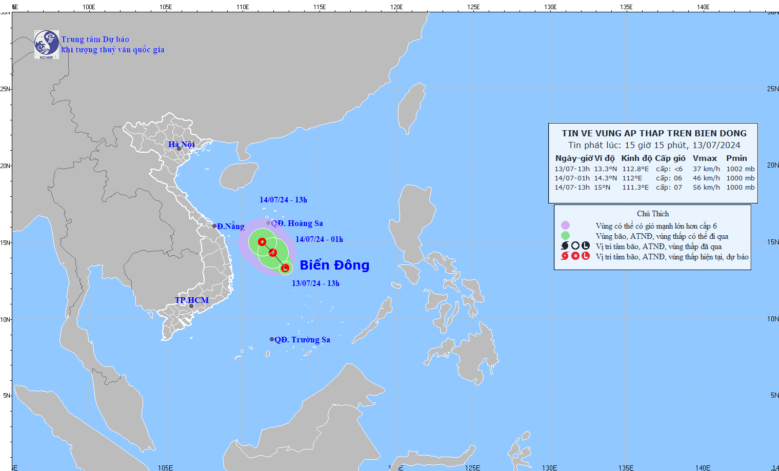 Vị trí và đường đi của vùng áp thấp cập nhật lúc 15 giờ ngày 13.7. Ảnh: Trung tâm Dự báo Khí tượng Thủy văn Quốc gia
