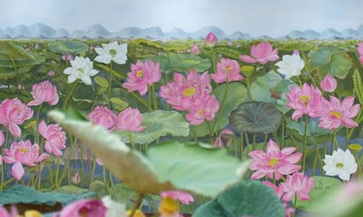 Bức tranh Sen Liên Hoa Tịnh Cảnh tô điểm cho vẻ đẹp của Lễ hội Sen Hà Nội 2024. Ảnh: BTC