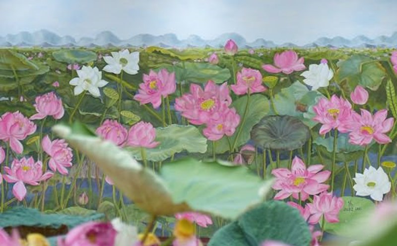 Bức tranh Sen Liên Hoa Tịnh Cảnh tô điểm cho vẻ đẹp của Lễ hội Sen Hà Nội 2024. Ảnh: BTC
