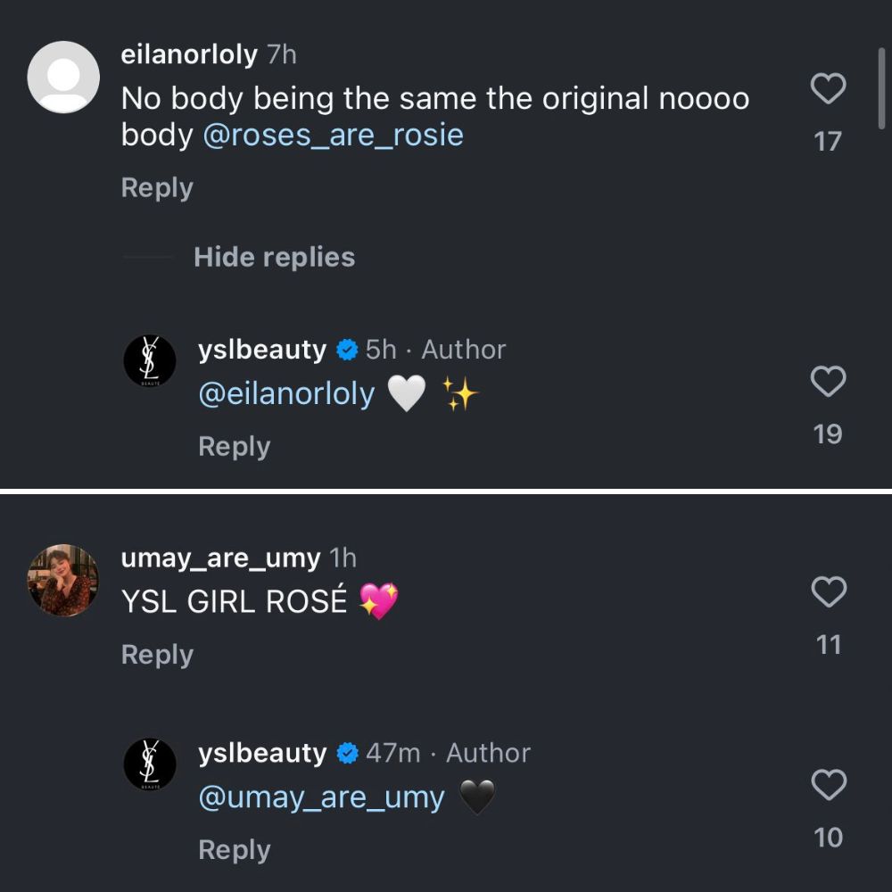 YSL Beauty account agrees with the mentioned comments