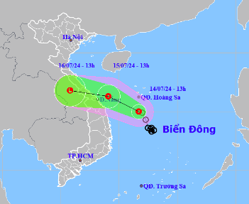 Cập nhật vị trí và đường đi của áp thấp nhiệt đới hồi 13 giờ ngày 14.7. Ảnh: Trung tâm Dự báo Khí tượng Thủy văn Quốc gia