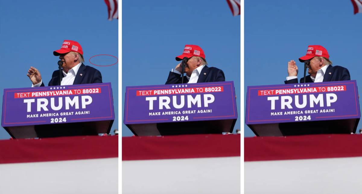 Three consecutive photos taken by The New York Times reporter Doug Mills show the path of the bullet grazing Donald Trump's ear.