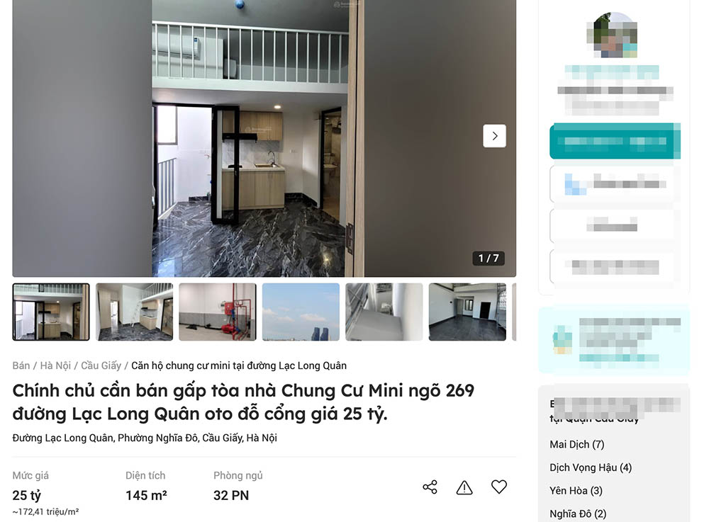 Nhiều tòa nhà chung cư mini được rao bán gấp trên các trang mạng. Ảnh: Chụp màn hình