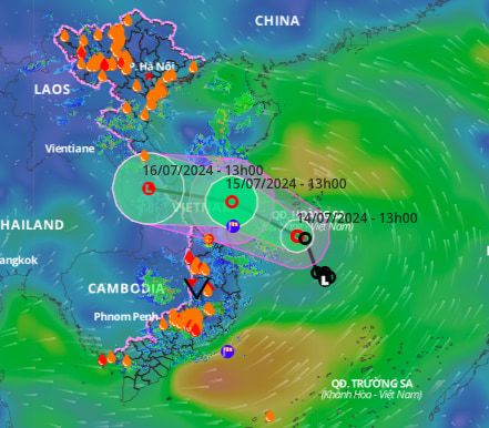 Cập nhật vị trí và đường đi của áp thấp nhiệt đới lúc 19h ngày 14.7. Ảnh: Hệ thống giám sát thiên tai Việt Nam
