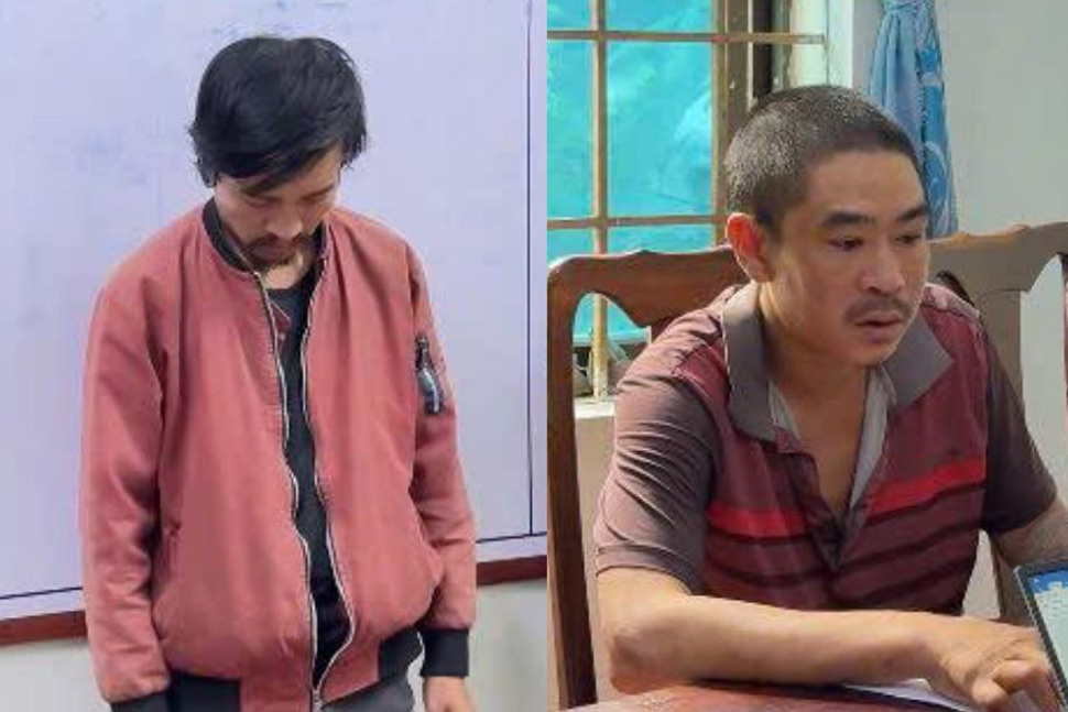 Đối tượng Lê Trần Khánh (trái) và Trần Tô Hoài Vũ (phải) tại cơ quan công an. Ảnh: Công an Phú Yên