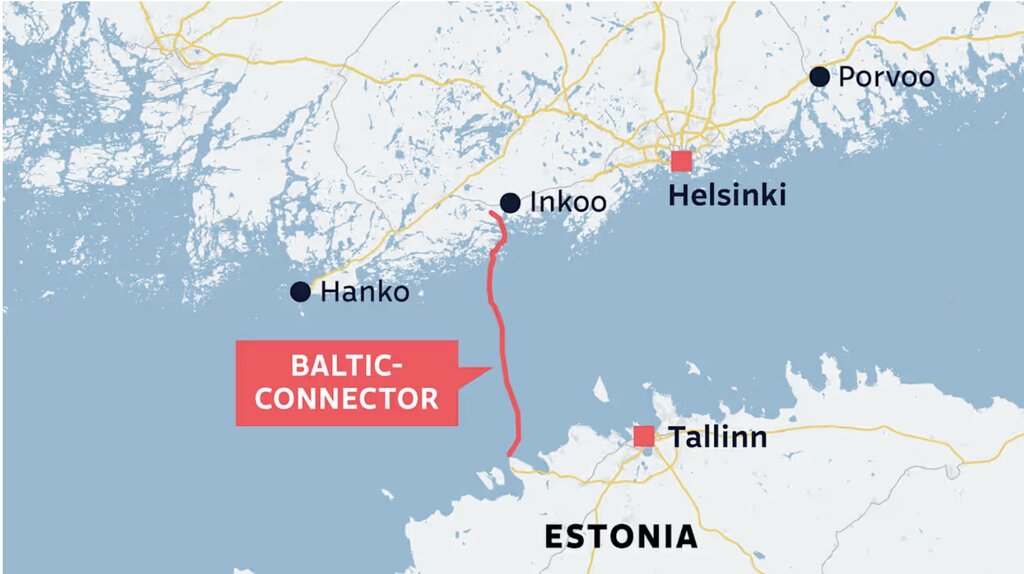 Balticconnector gas pipeline and location of break. Screenshot of Yle.fi