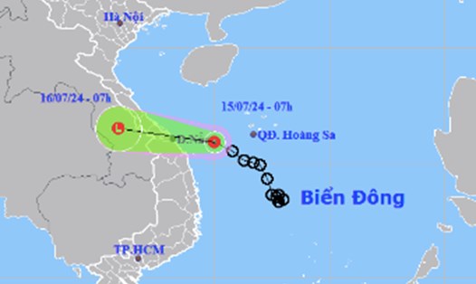 Cập nhật vị trí áp thấp nhiệt đới lúc 7 giờ ngày 15.7. Ảnh: Trung tâm Dự báo Khí tượng Thủy văn Quốc gia