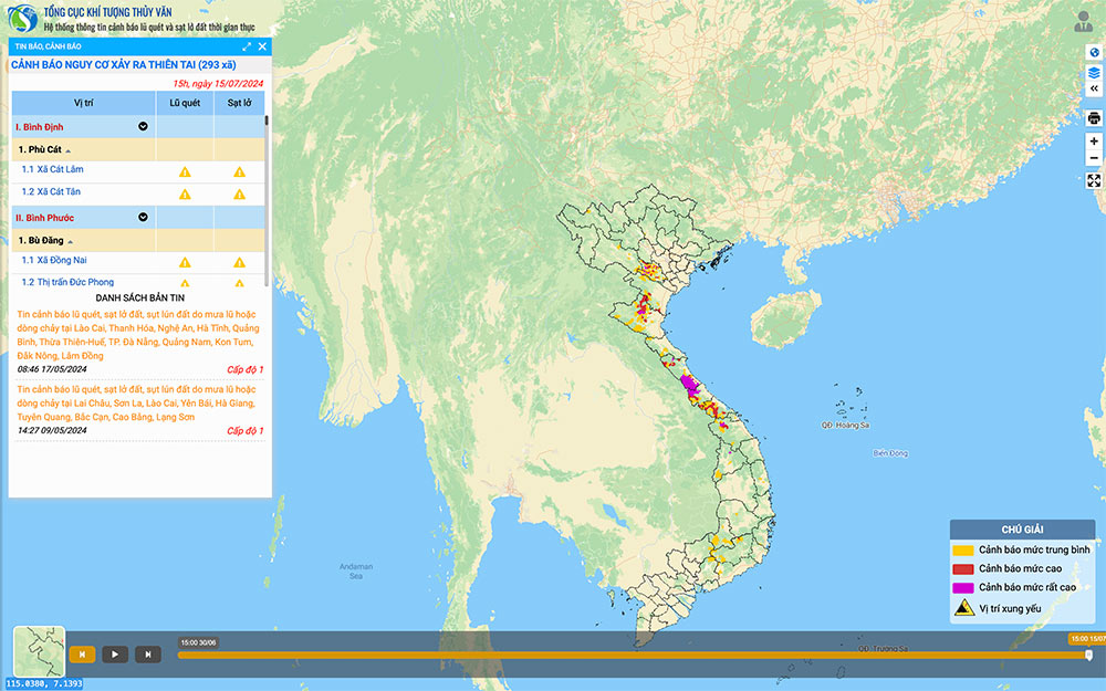 Warning about the risk of natural disasters on the real-time flash flood and landslide warning information system. Screenshots