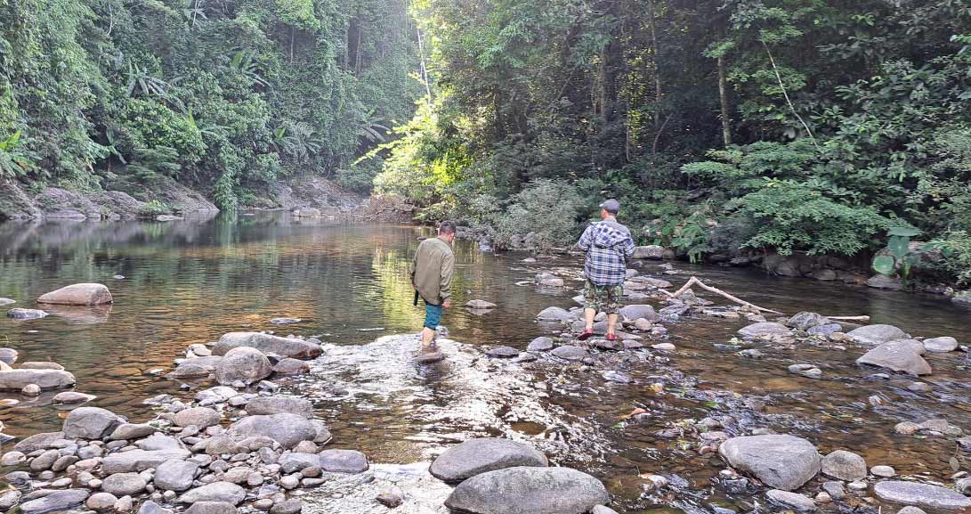 Vu Quang National Park staff crossed the stream through the forest into the core area to set camera traps. Photo: Le Van Vy