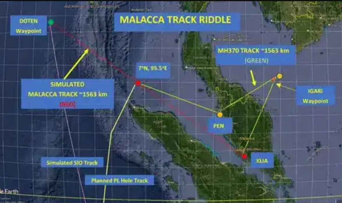 Đồ họa của ông Lyne chỉ ra vị trí của đường bay mô phỏng (màu đỏ) và đường MH370 dự định bay. Ảnh: Vincent Lyne/ Google Maps