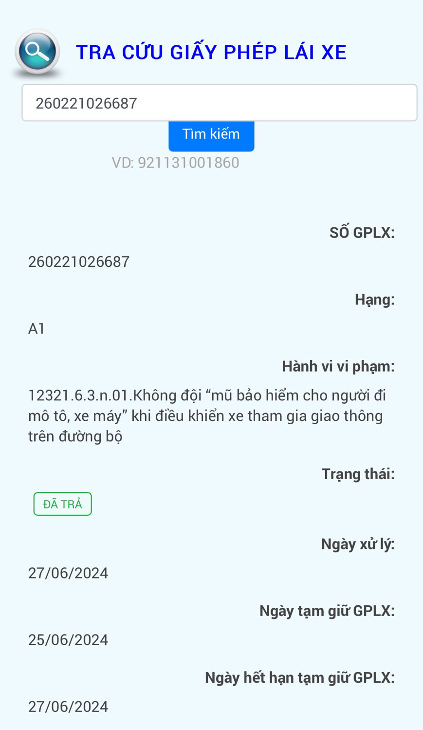 Nội dung vi phạm, tạm giữ/tước GPLX sẽ được đồng bộ trên ứng dụng VNeID.