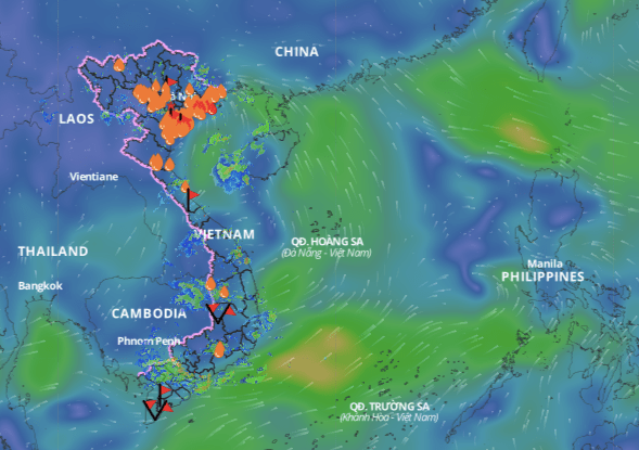 Một vùng áp thấp đang hoạt động gần Biển Đông, cập nhật lớp hướng gió trên biển chiều 18.7. Ảnh: Hệ thống giám sát thiên tai Việt Nam