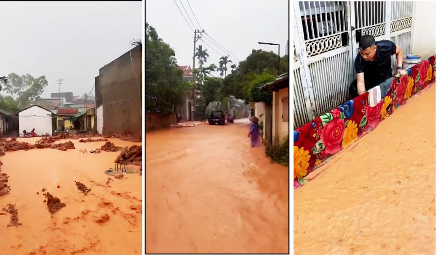 Mưa gây ngập lụt tuyến đường Đội Cấn và một số hộ dân tại tổ 3, khu 5, phường Giếng Đáy, TP Hạ Long, tỉnh Quảng Ninh. Ảnh: Đoàn Hưng