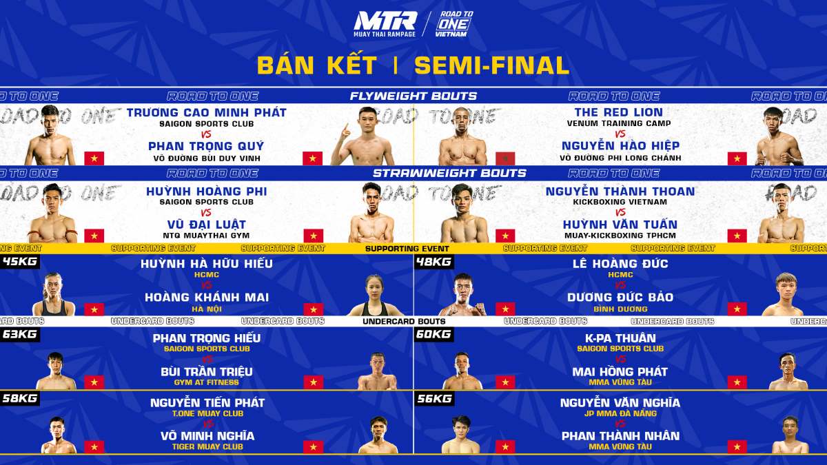 Các cặp đấu cụ thể của vòng bán kết Giải đấu Muay Thai Rampage x Road To ONE: Việt Nam. Ảnh: MTR