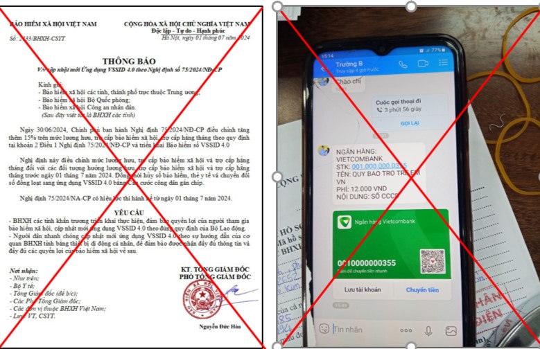 Thông báo giả cập nhật VssID và số tài khoản mà đối tượng lừa đảo gửi người lao động để lừa đảo. Ảnh: BHXH TPHCM cung cấp