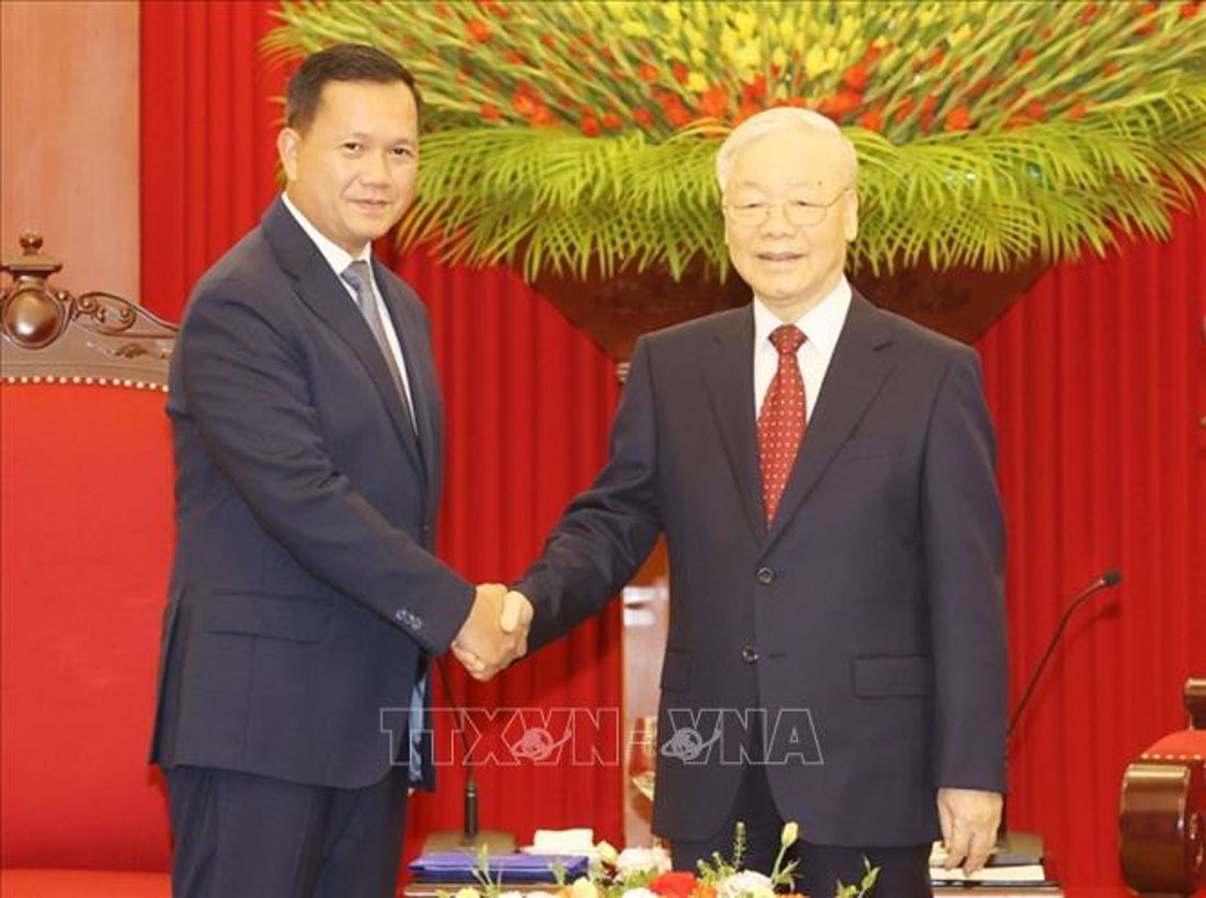 General Secretary Nguyen Phu Trong receives Prime Minister of the Kingdom of Cambodia Samdech Hun Manet. Photo: Tri Dung/TTXVN