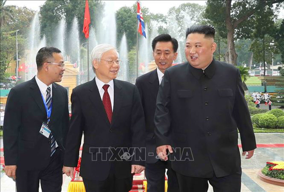 General Secretary and President Nguyen Phu Trong and North Korean President Kim Jong-un at the welcoming ceremony. Photo: Tri Dung/TTXVN