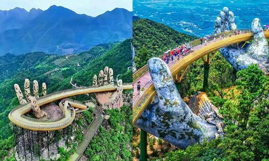Cầu Phật Thiên Quan ở Chiết Giang, Trung Quốc (trái), và Cầu Vàng ở Đà Nẵng, Việt Nam. Ảnh: Jdnews