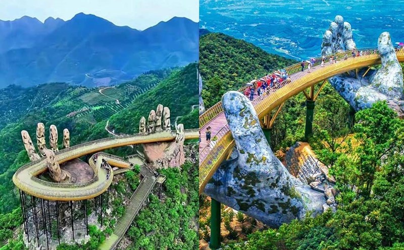 Cầu Phật Thiên Quan ở Chiết Giang, Trung Quốc (trái), và Cầu Vàng ở Đà Nẵng, Việt Nam. Ảnh: Jdnews