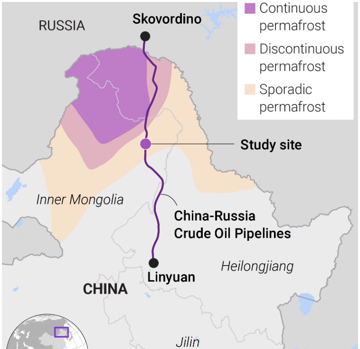 Đường ống dẫn dầu thô dài 1.030 km từ Skovorino ở vùng Amur viễn đông của Nga đến Linyuan ở tỉnh Hắc Long Giang phía đông bắc Trung Quốc. Ảnh chụp màn hình SCMP