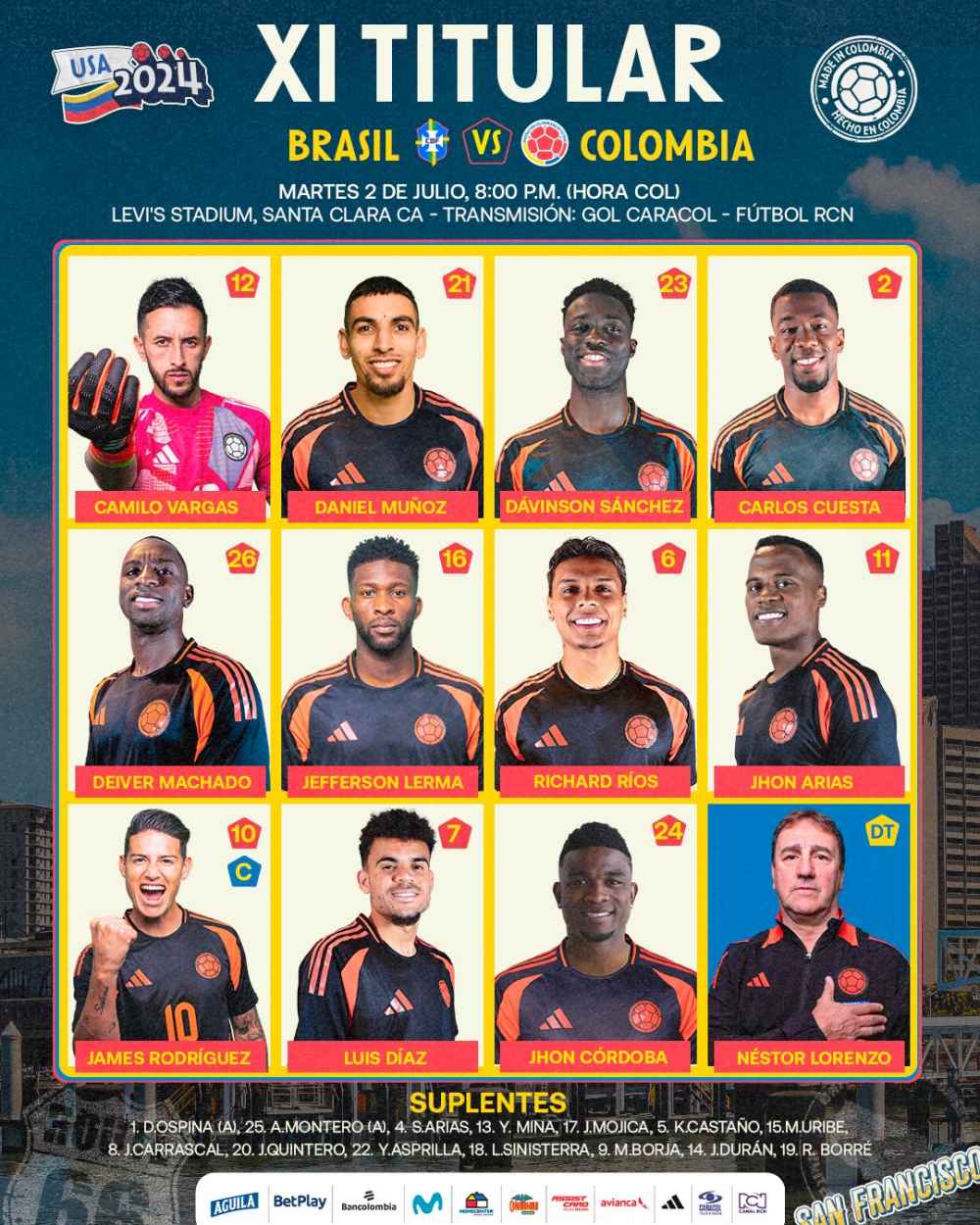 Đội hình xuất phát tuyển Colombia. Ảnh: LĐBĐ Colombia