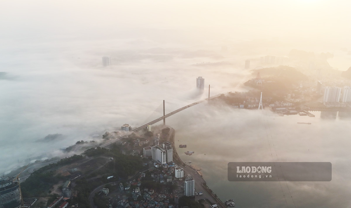 Panorama of foggy Ha Long city seen from an altitude of 500m above sea level in March 2024. Photo: Doan Hung