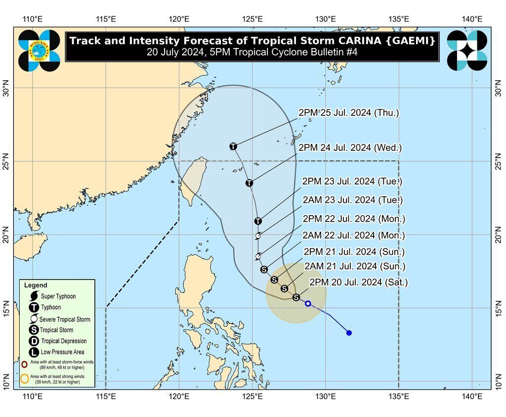 Dự báo đường đi của cơn bão gần Biển Đông Carina. Ảnh: PAGASA