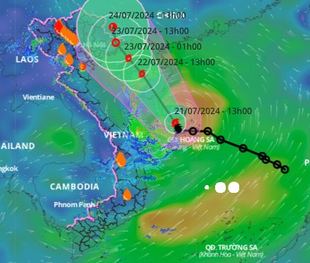 Vị trí và đường đi của bão số 2 cập nhật lúc 14 giờ ngày 21.7. Ảnh: Hệ thống giám sát thiên tai Việt Nam
