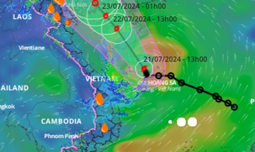 Vị trí và đường đi của bão số 2 cập nhật lúc 14 giờ ngày 21.7. Ảnh: Hệ thống giám sát thiên tai Việt Nam