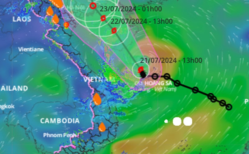 Vị trí và đường đi của bão số 2 cập nhật lúc 14 giờ ngày 21.7. Ảnh: Hệ thống giám sát thiên tai Việt Nam