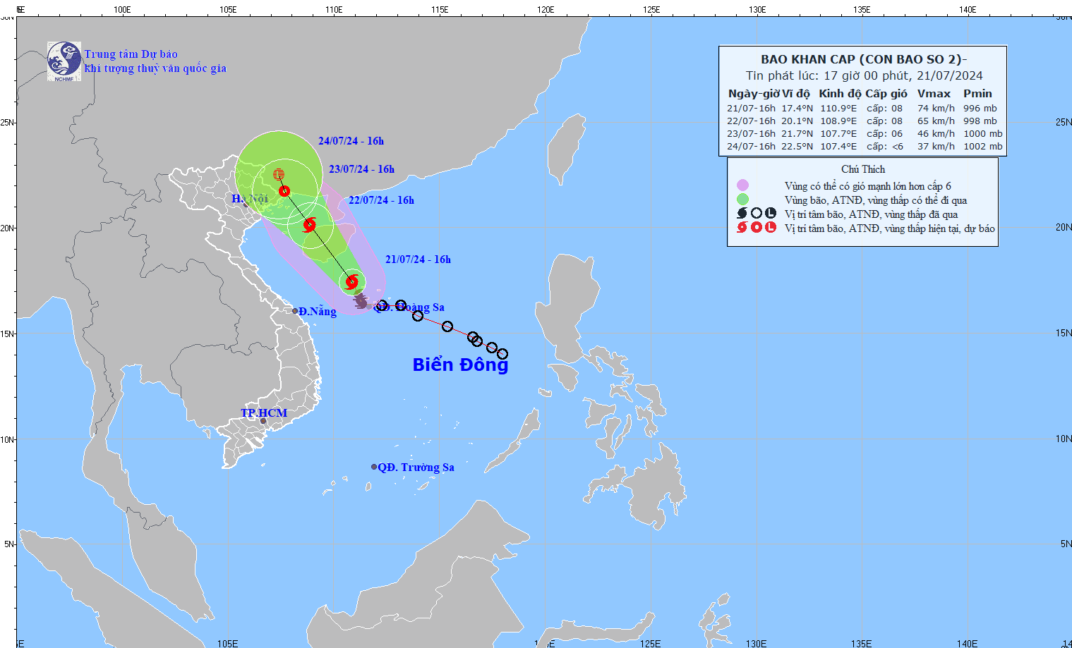 Vị trí và đường đi của bão số 2 cập nhật lúc 16 giờ ngày 21.7. Ảnh: Trung tâm Dự báo Khí tượng Thủy văn Quốc gia